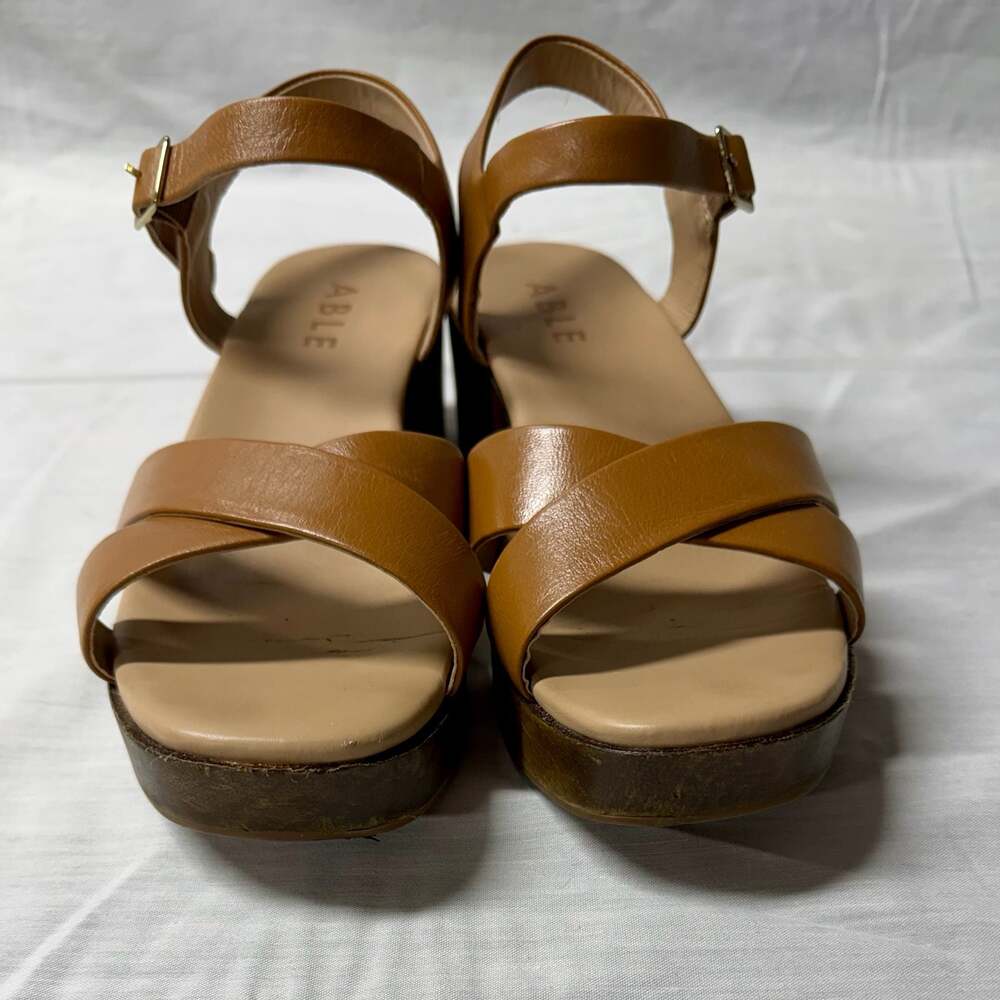 ABLE Brown Leather Crisscross Platform Block Heel Sandals